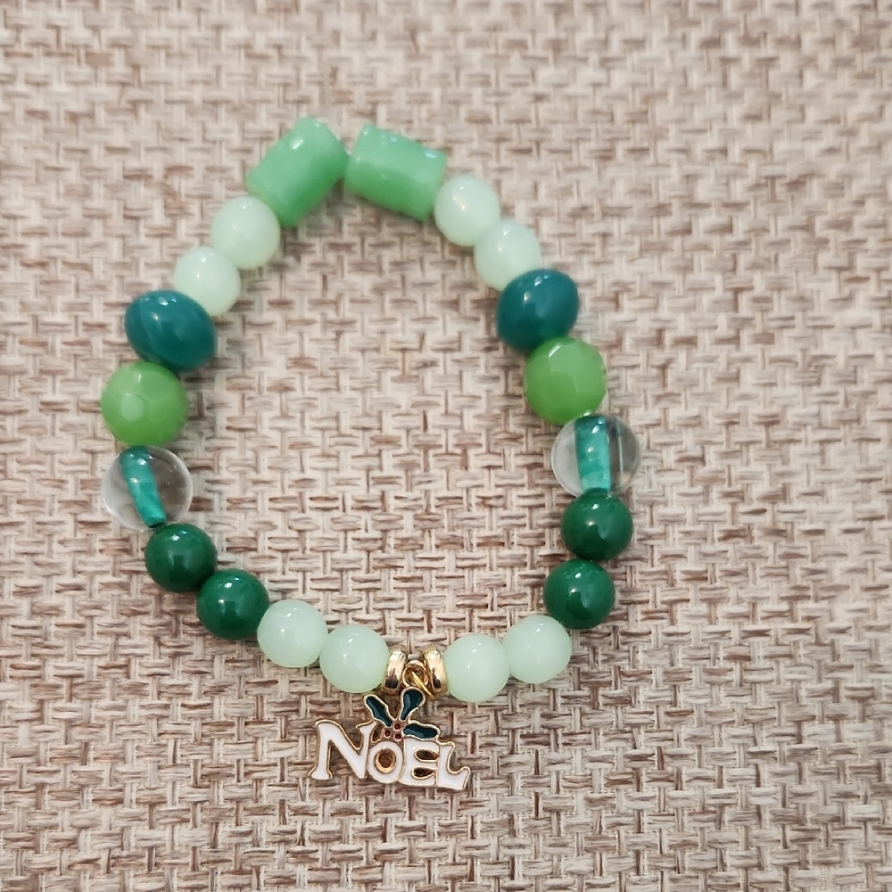 Green Beaded Bracelet with Noel Charm